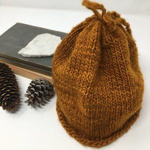 Handknitted Chunky Burnt Orange Wool Three in One Ponytail Cozy Hat Beanie Cowl